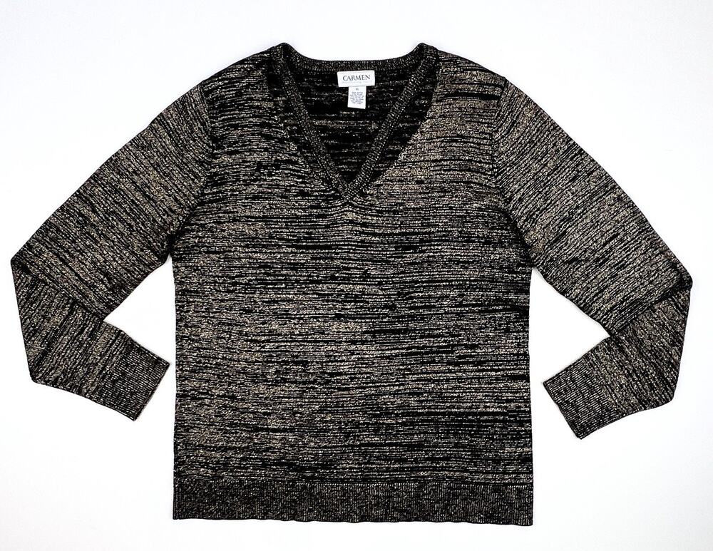 Carmen Marc Valvo Sweater Womens XL Black Gold Thread Shimmer V-Neck Longsleeve